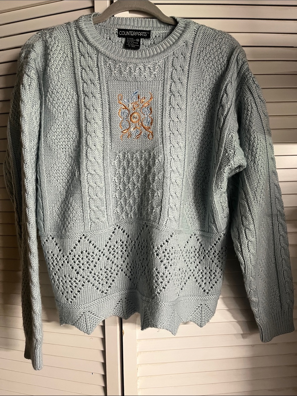 Vintage Light Blue Cable Knit Wool Blend Sweater with Embroidered Crest